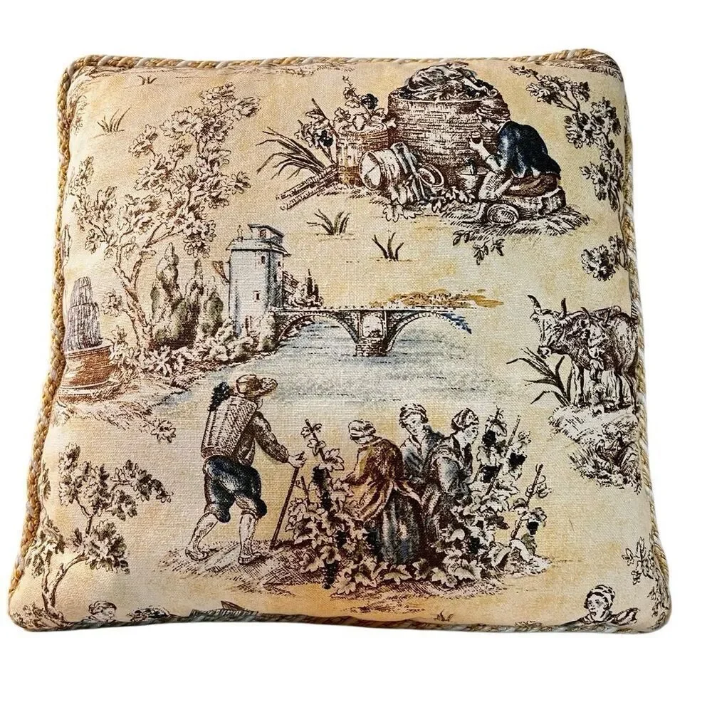 French Country Cottage Pillow Farmhouse Yellow Ivory Blue Brown Toile
